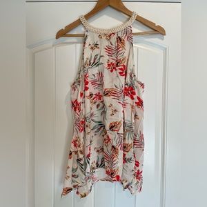 Lulus Floral Blouse Sleeveless Braided Neckline